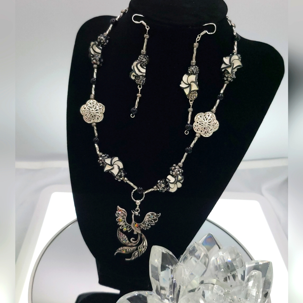 Artisan Hand Crafted Rising Phoenix Fire Bird Pendant Necklace Jewelry set